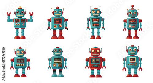 Set of eight vintage retro toy robots isolated on white background. Flat vector illustrations of colorful mechanical tin toys with antennas and dials in 1950s science fiction style