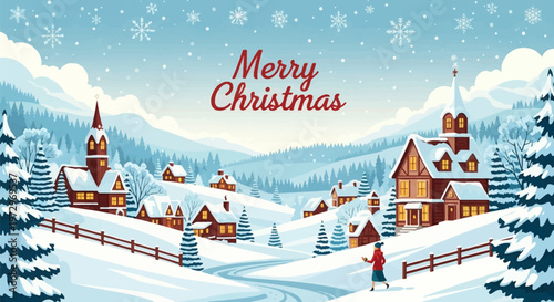 Vector illustration of a vintage snowy Christmas village landscape with cozy wooden cottages, a church, pine trees, falling snowflakes, and Merry Christmas text script.