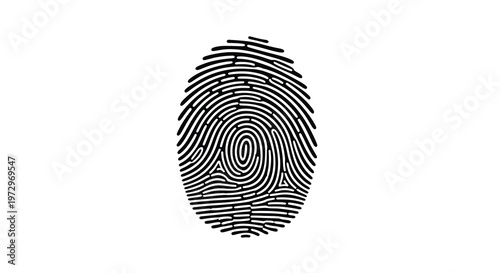 A black and white illustration of a detailed human fingerprint pattern