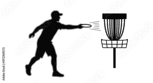 Silhouette of a disc golfer throwing a frisbee towards the basket