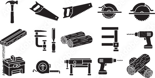 Collection of various carpentry and construction tools icons