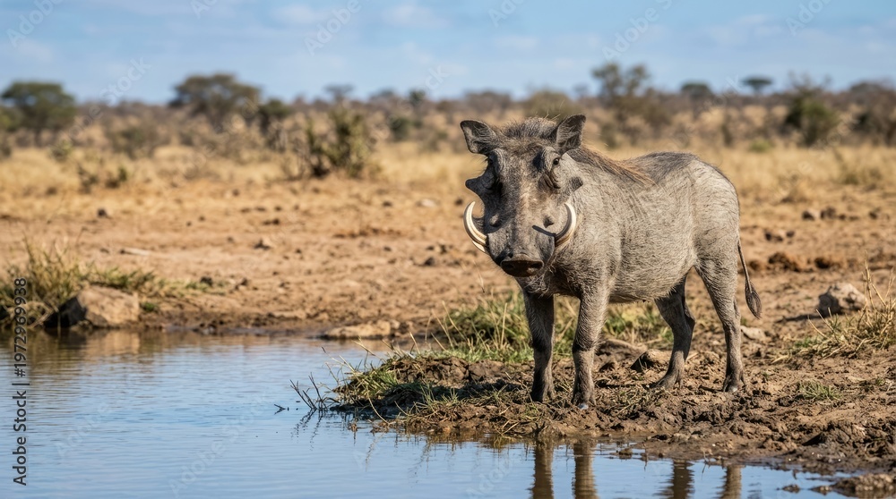 Fototapeta premium Warthog standing by serene savannah waterhole on sunny day