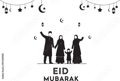 Black silhouette of family celebrating eid mubarak with crescent moons and lanterns