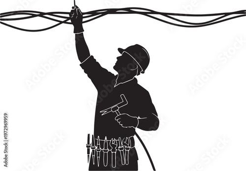 Black silhouette of electrician working on wires tool belt