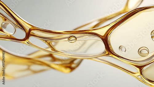 3d epidermis skin layer with hexagon cell pattern and molecule. Gold liquid honeycomb texture with cosmetic oil drop, collagen serum, retinol vitamin, hyaluron essence for moisture. 3D illustration
