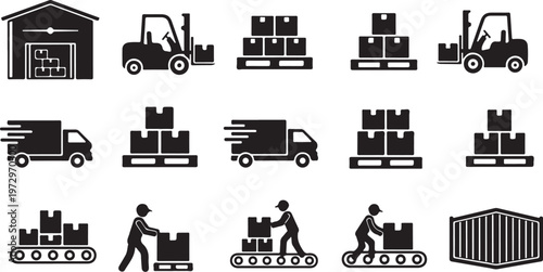 Logistics and transportation icons in black and white