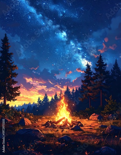 A serene forest scene at dusk with a campfire burning brightly