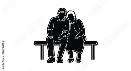 An elderly couple sits closely together on a park bench