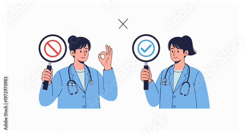A medical professional in a lab coat holds two magnifying glasses displaying approval and rejection symbols with an X mark situated at the top center position.