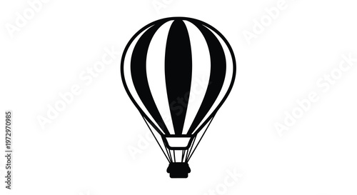 A simple black and white illustration of a classic hot air balloon