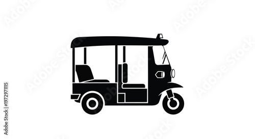 A black silhouette of a three wheeled auto rickshaw also known as a tuk tuk