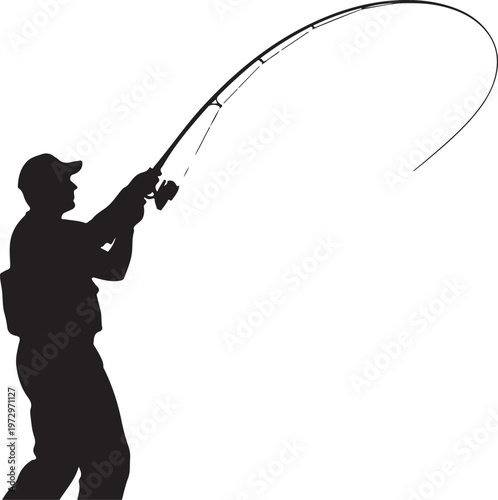 Black silhouette of man casting fishing rod