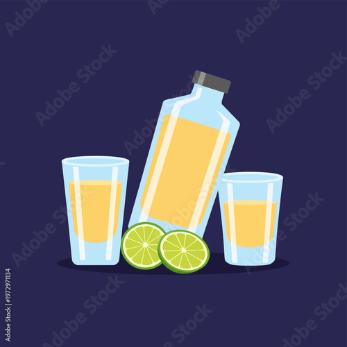 Shot glasses with tequila, lime, and salt vector