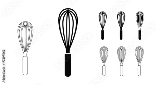 Various kitchen whisks depicted in black and white line art style