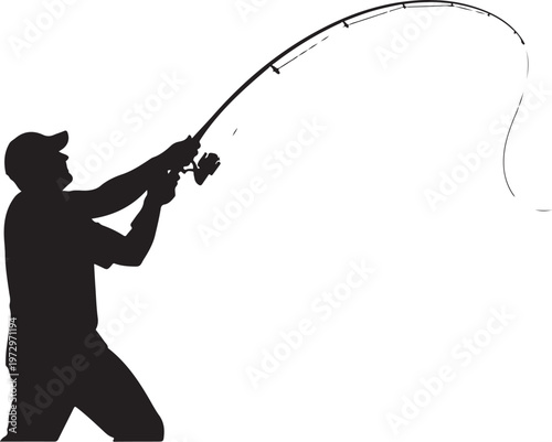Black silhouette of man casting fishing rod