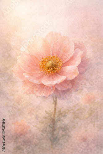 Soft watercolor illustration of delicate peach pink flower with dreamy pastel tones, gentle texture and romantic vintage floral aesthetic background