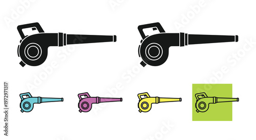 Illustrations of a leaf blower in various colors and outlines