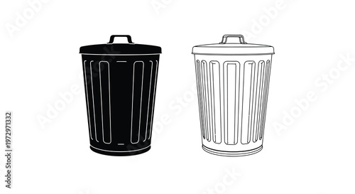 Two trash cans one black and one white depicted in a simple outline style