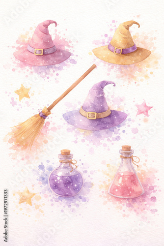 Cute watercolor witch elements set with hats broom and potion bottles in pastel tones, magical playful illustration isolated on soft background