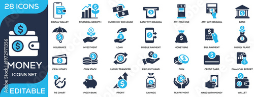 Money and finance solid icon set featuring wallet, payment, banking, savings, investment, loan, and cash flow. Flat vector icons for financial services and business projects.