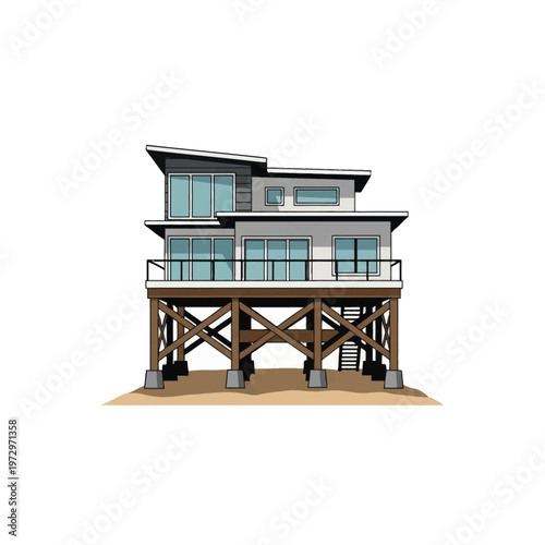 Detailed vector illustration of a modern coastal beach house on stilts with two floors, glass windows, wooden support columns, and a flat roof isolated on a white background.