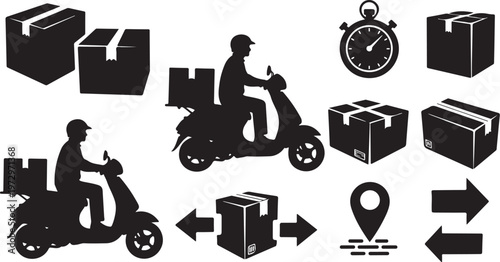 Fast Delivery Service with Courier on Scooter Icons