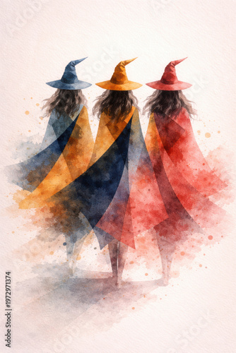 Three witches in colorful watercolor cloaks and hats standing together, artistic abstract style with flowing shapes and magical dreamy atmosphere