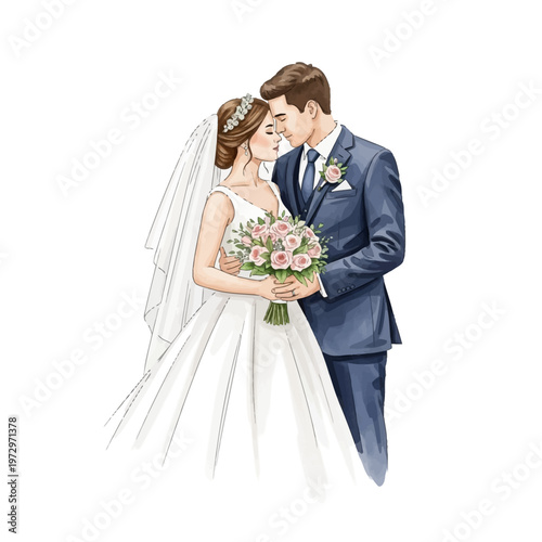 Watercolor illustration of a bride in a white gown and veil holding a pink rose bouquet, standing with a groom in a navy blue suit and tie, isolated on a white background.