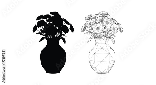 Floral arrangement in a vase depicted in contrasting styles silhouette and wireframe