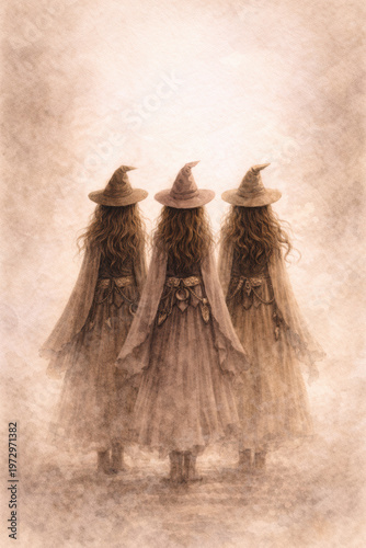 Three mystical witches standing together in vintage sepia watercolor style, flowing dresses and hats, magical atmosphere with soft dreamy texture