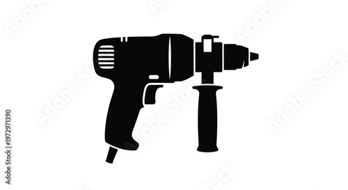 A black silhouette of a power drill showcasing its handle and drill bit