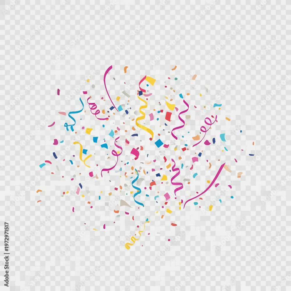 Obraz premium Scattered multicolored confetti and spiral streamers falling in the air. View of paper scraps, ribbons, and serpentine curls in pink, yellow, and blue on a grid background.