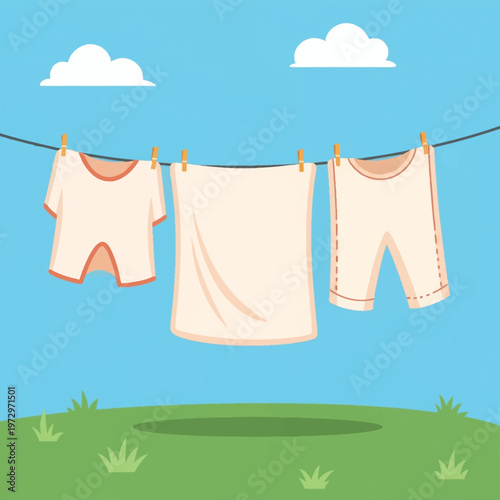 Flat vector illustration of clean laundry including a shirt, a rectangular towel, and shorts hanging on a clothesline with wooden pegs outdoors under a blue sky and green grass.