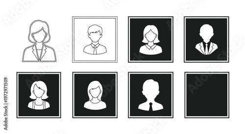 Set of monochrome profile icons depicting diverse individuals in square frames