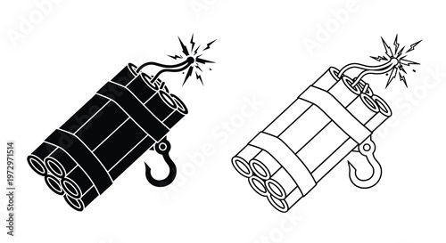 Two dynamite sticks one filled and one outlined with sparking fuses