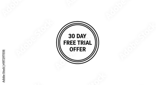 Black and white circular badge advertising a 30 day free trial offer