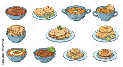 Hand-drawn set of Indian food illustrations featuring various curries, dal, flatbreads such as naan and puri, and traditional snacks in bowls and plates on a white background.
