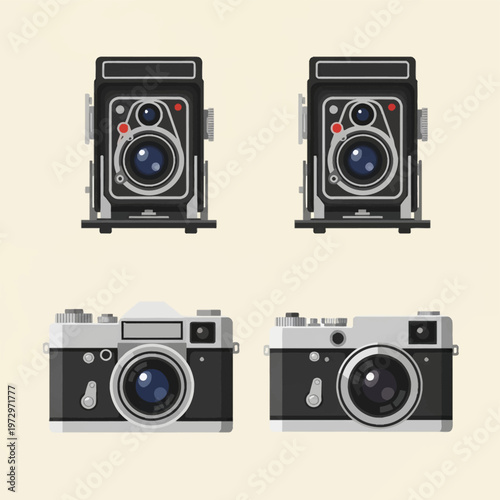Flat vector illustration set of four vintage cameras including two twin-lens reflex TLR models and two classic 35mm rangefinder film cameras isolated on a neutral background.