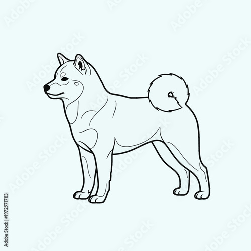 Black line art illustration of a Shiba Inu dog standing in full body profile view, featuring characteristic curled tail and pointed ears, minimalist vector drawing on white background