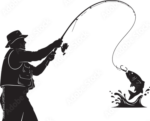 Black silhouette of man catching fish with rod fishing