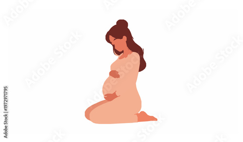 Minimal pregnant woman hugging belly vector for maternal health and mindfulness poster isolated on white background