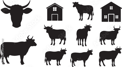 Black silhouettes of cows and farm buildings icons