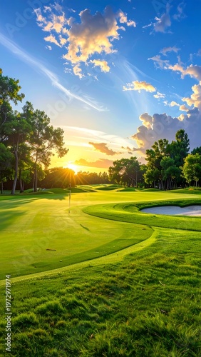 A serene golf course at sunset with green grass and trees
