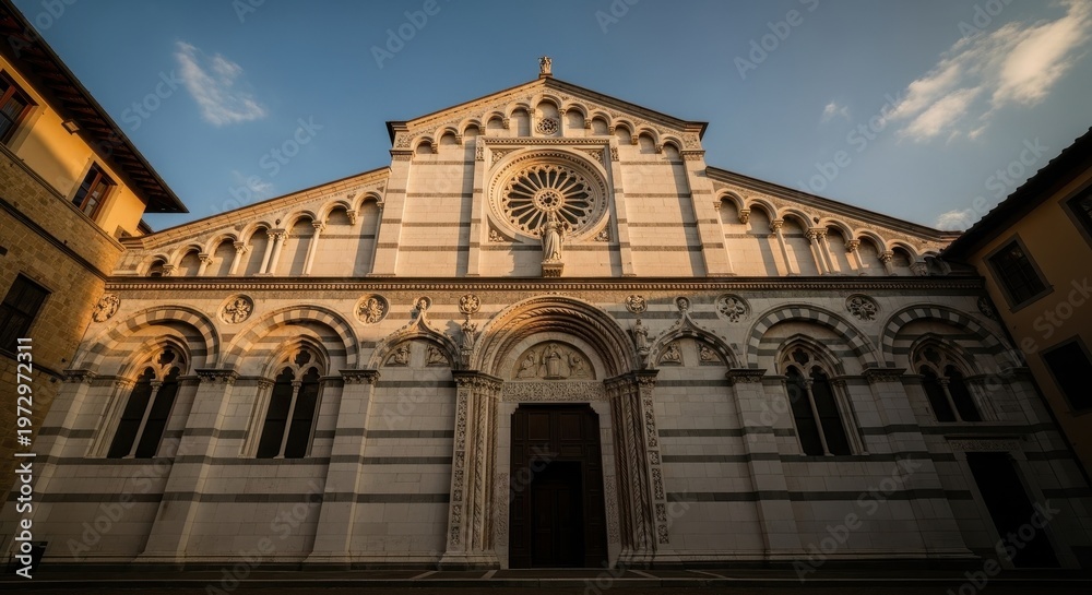 Fototapeta premium Historic Italian Church Facade with Romanesque Architecture and Ornate Details.