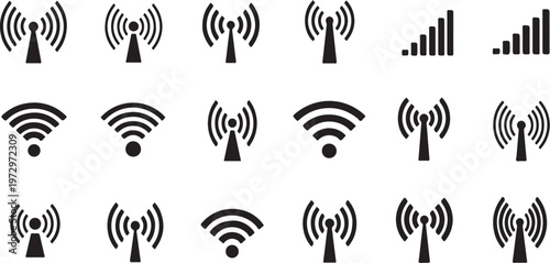 Collection of black WiFi signal icons on white