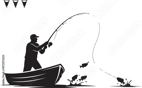 Black silhouette of man fishing from boat with fish
