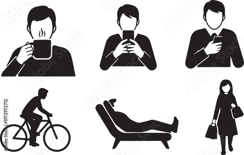 Black silhouette icons, people using phones, relaxing, commuting, 6 glyphs