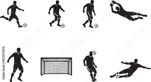 Black soccer player silhouettes, football icons, goalkeeper, kicking, running, jumping, sports graphics, vector set