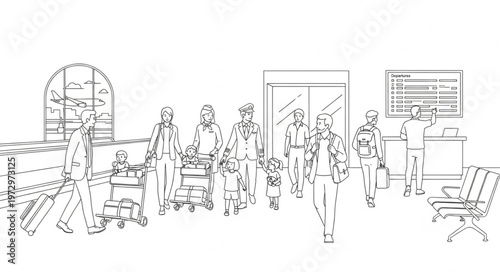Sketch of people in a public space, waiting or gathering.