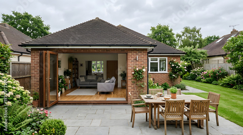 Modern brick house with open bi fold doors leading to a comfortable living room and a spacious outdoor patio area with a wooden dining table perfect